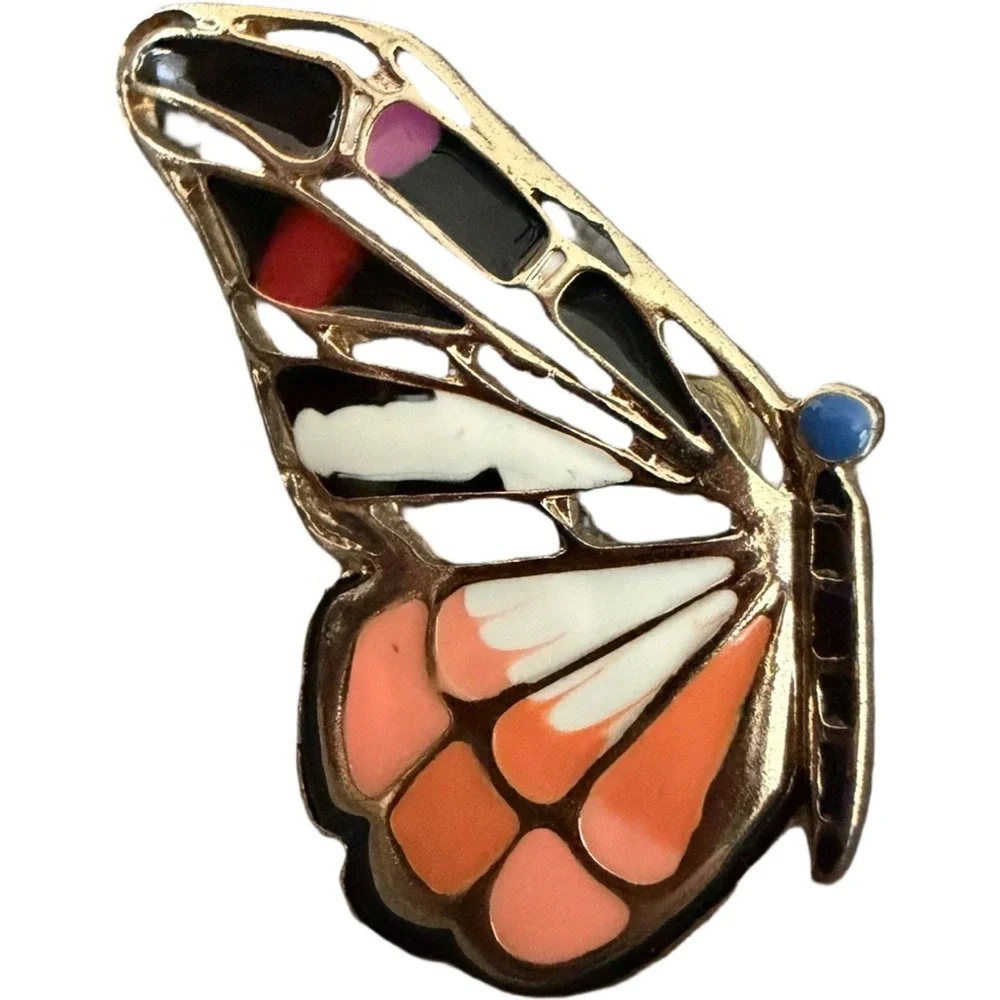 Monarch Butterfly Stud Earrings Gold Tone Enamel Orange Black Statement Jewelry